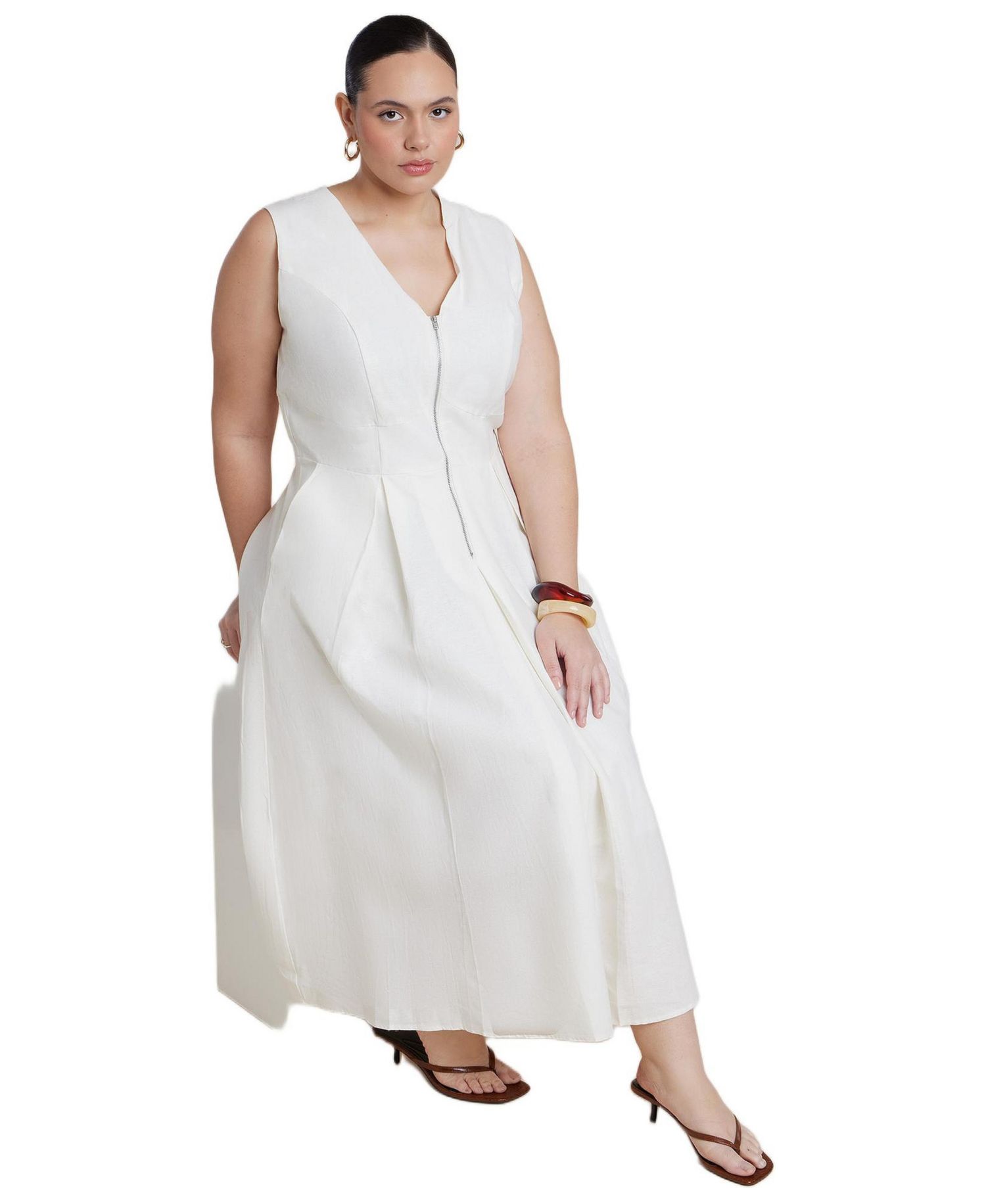 Women's Zipper Detail Linen Maxi Dress