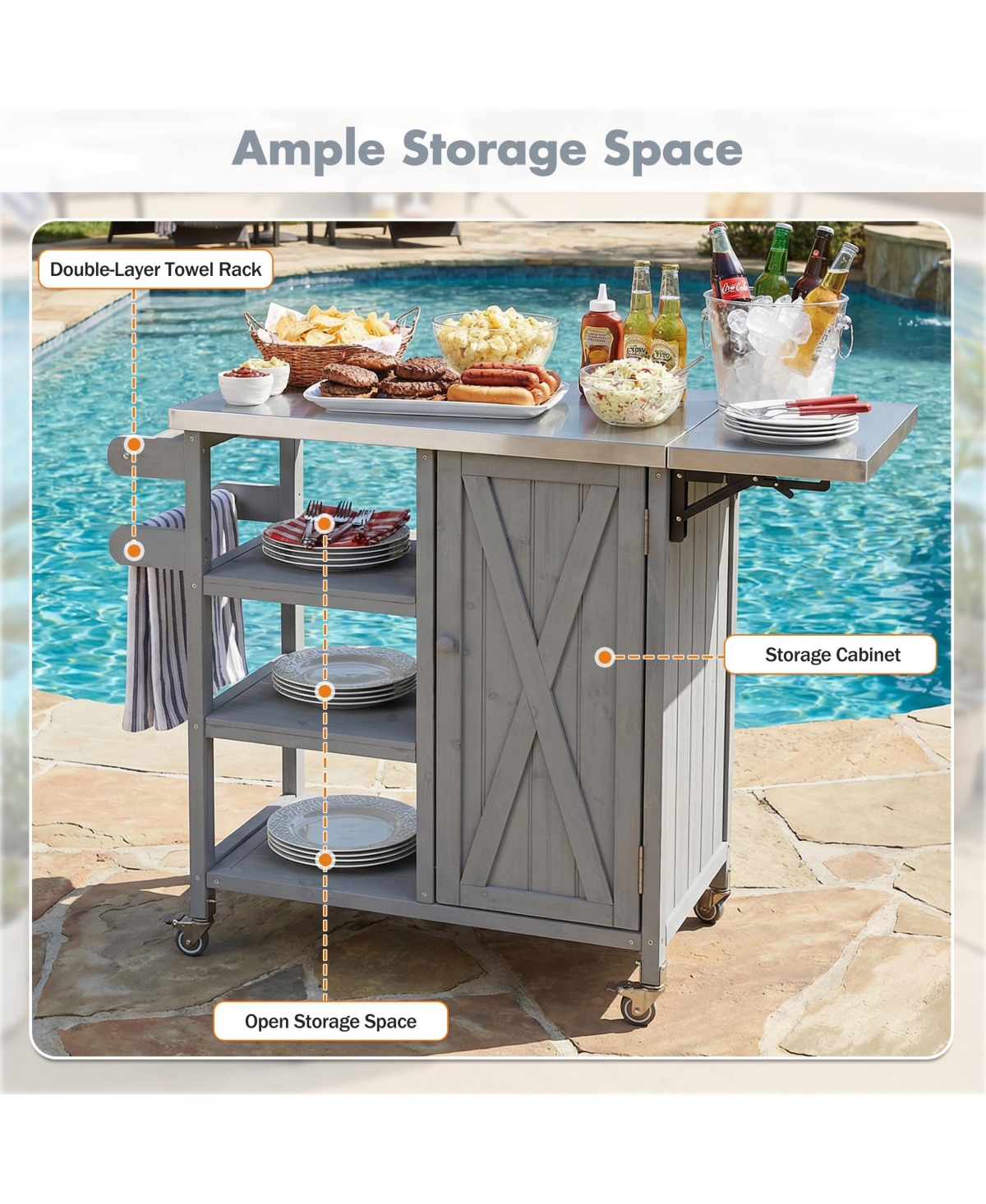 sumyeg Foldable Outdoor Kitchen Island Cart with Lockable Wheels, Storage Cabinet and Towel Rack