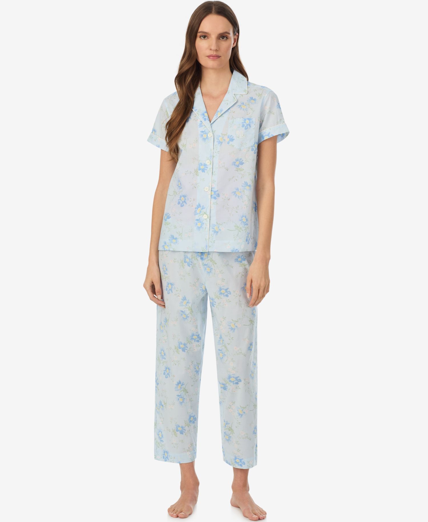 Petite Notch Collar Top and Cropped Pajama Pants, 2-Piece Set