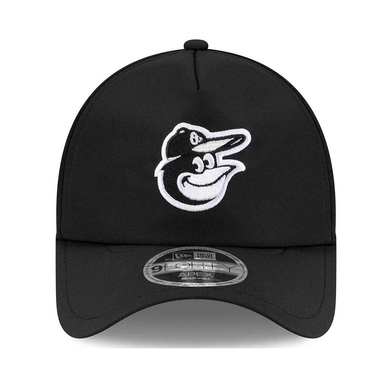 Men's Black Baltimore Orioles 2026 Batting Practice Apex 9FORTY Adjustable Trucker Hat