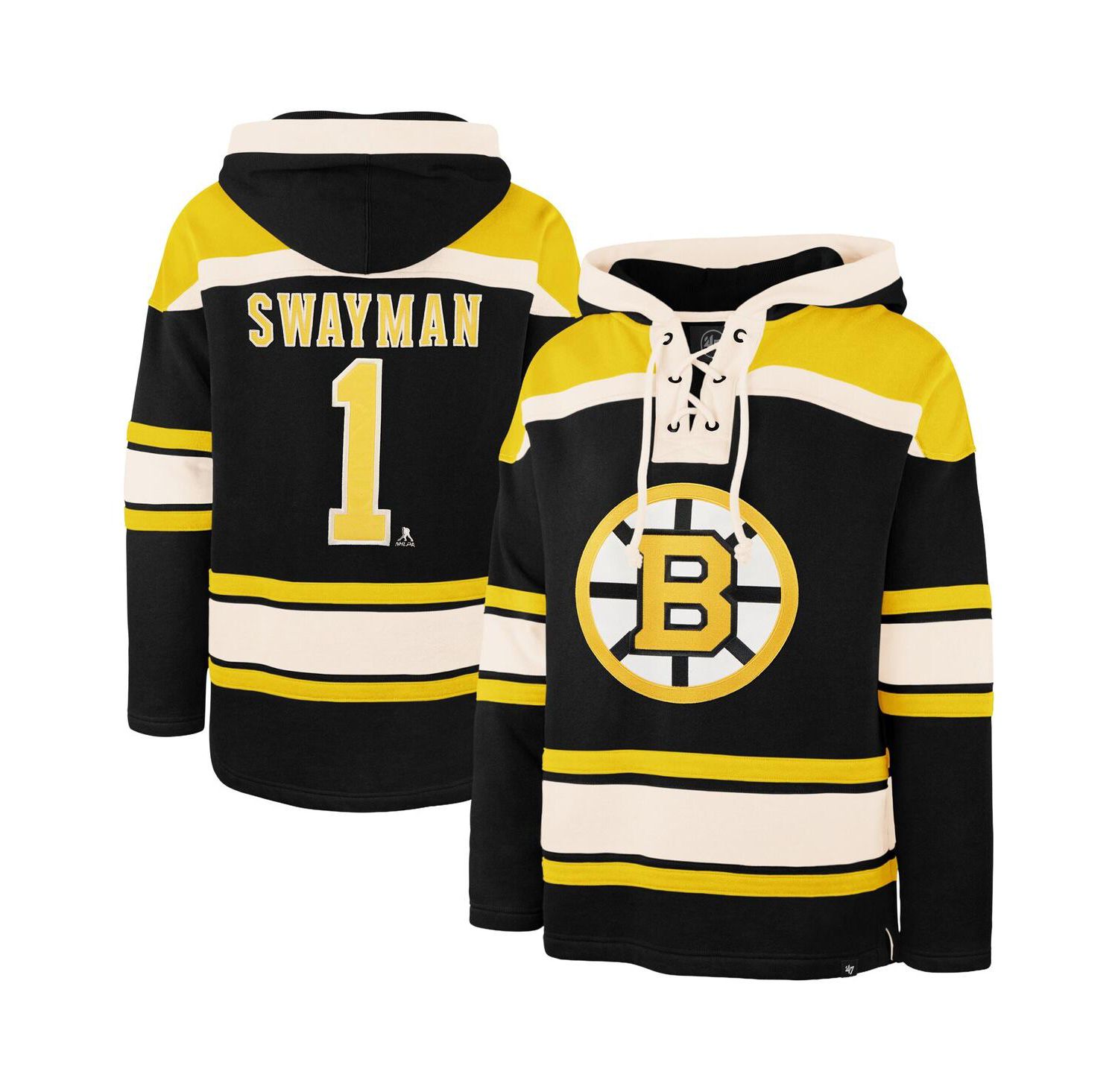 Men's Jeremy Swayman Black Boston Bruins Player Name & Number Lacer Hoodie