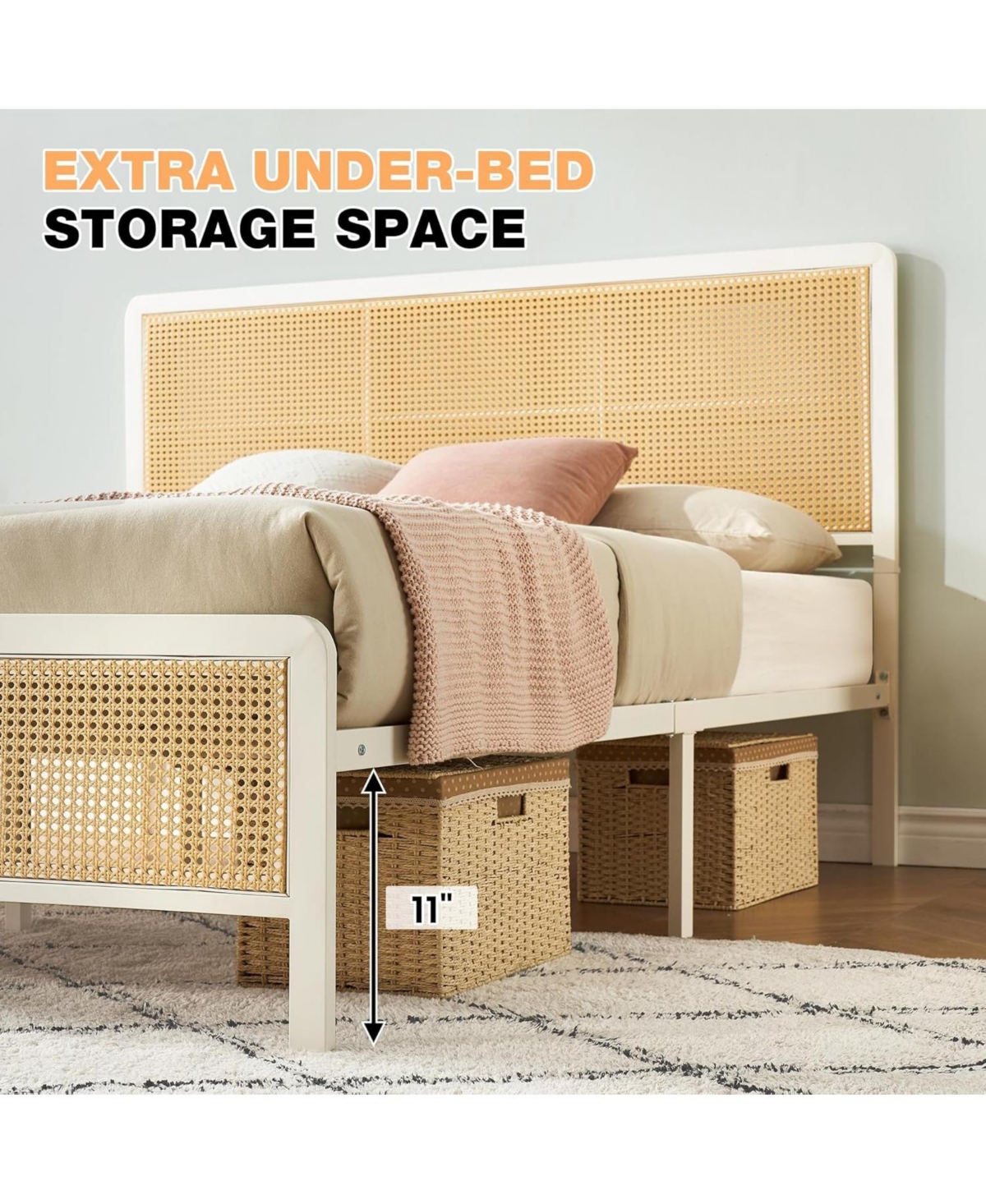 gaomon Full Rattan Bed Frame with Headboard, Boho Cane Platform with Steel Slats Support,