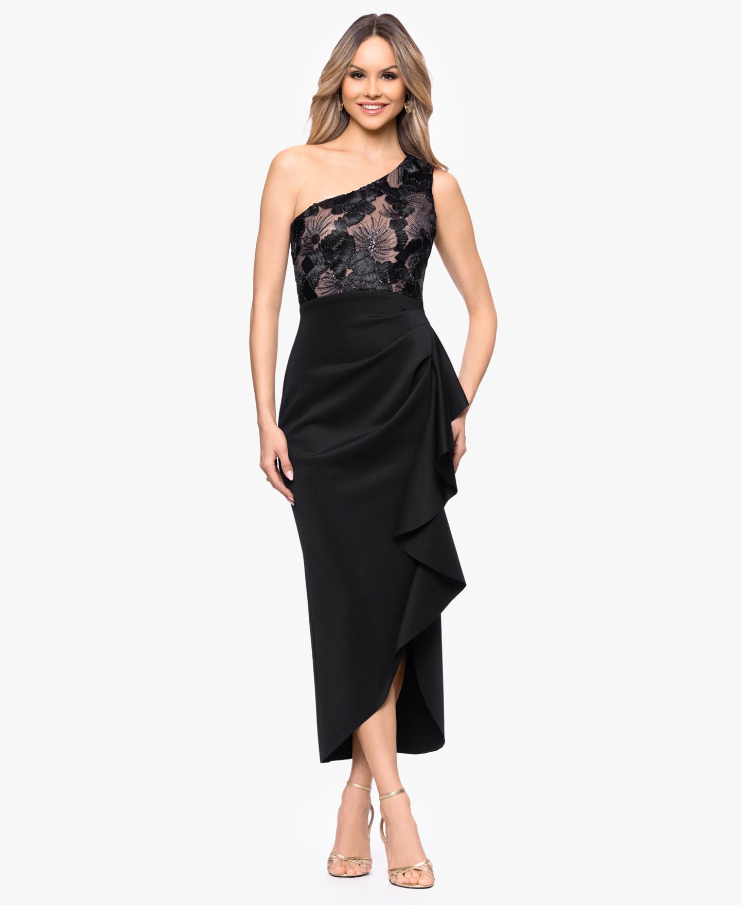 Женское платье Betsy & Adam One-Shoulder Midi, цвет: Чёрный телесный — фото 1