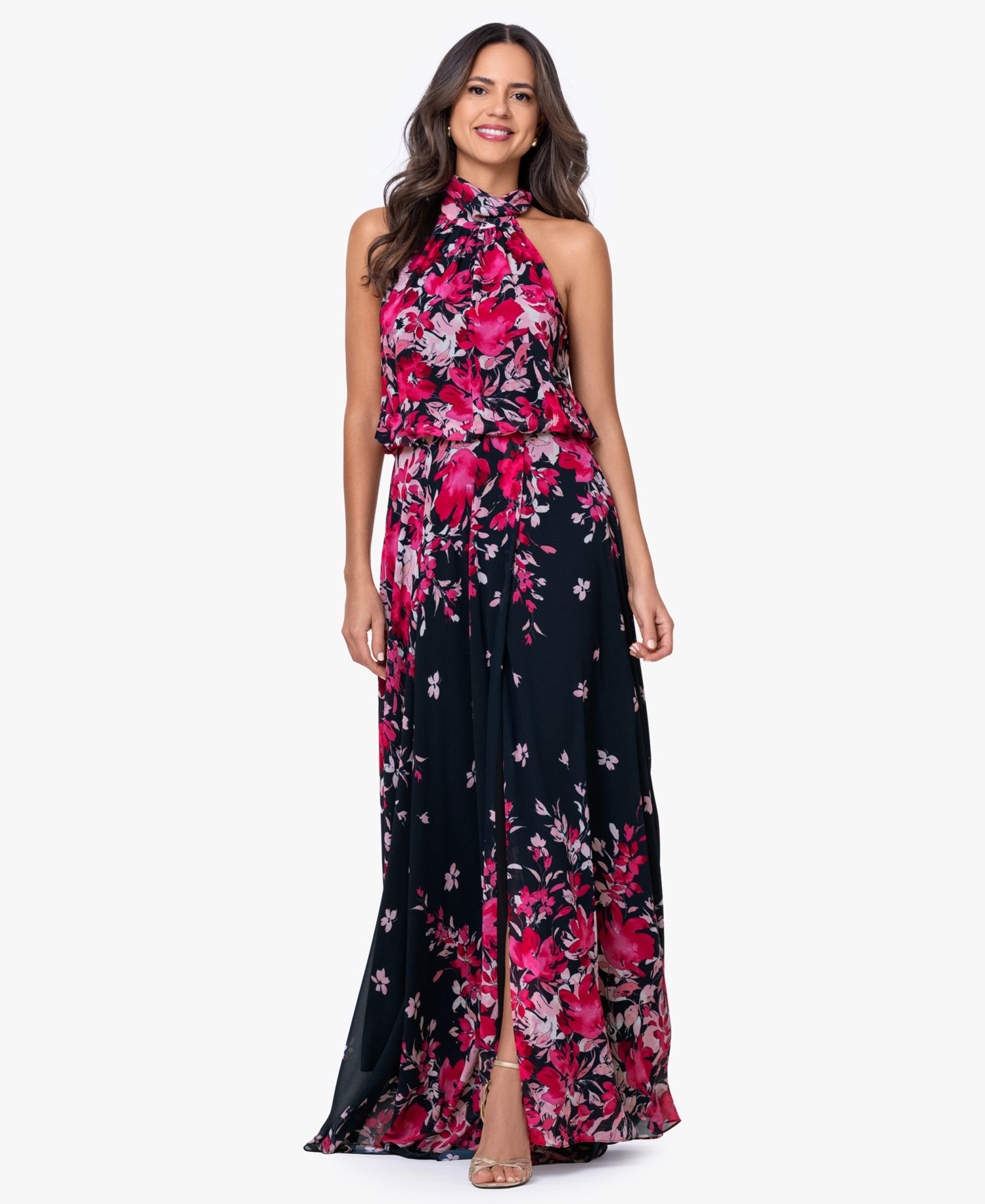 Women's Halter Neck Long Souffle Chiffon Floral Print Dress