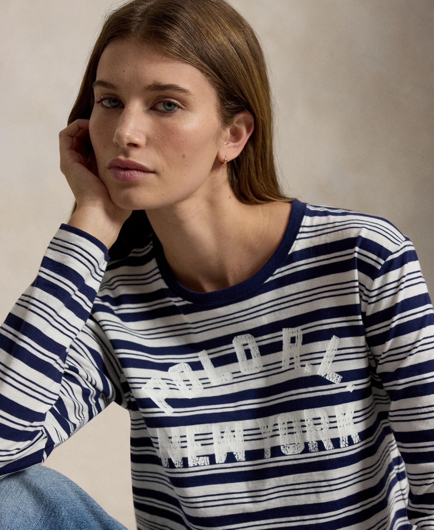 Женская футболка Polo Ralph Lauren Striped Crewneck Long-Sleeve T-Shirt, цвет: Тёмно-синий разноцветный — фото 3