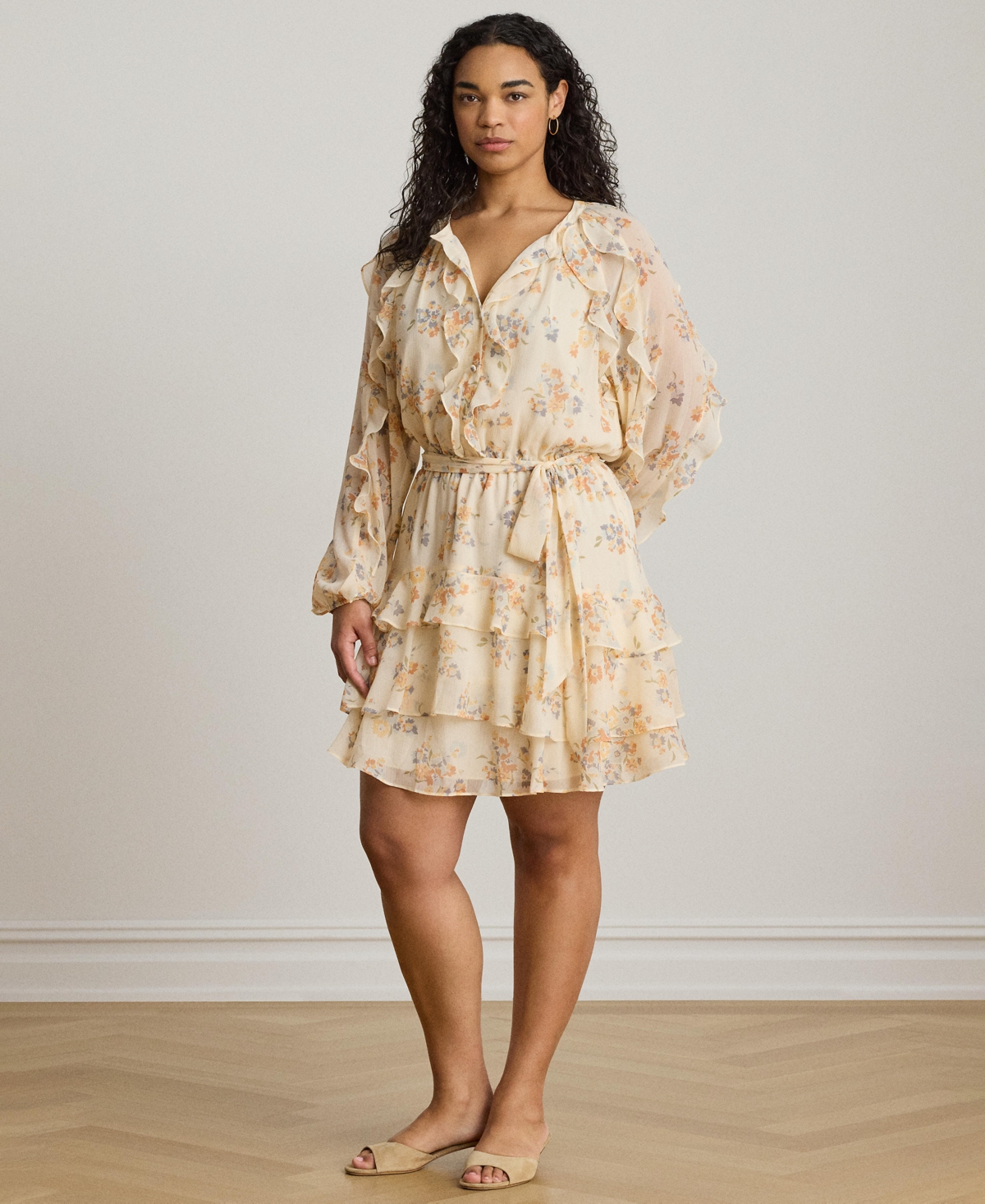 Lauren Ralph Women's Band Collar Floral Ruffle-Trim Tiered Dress