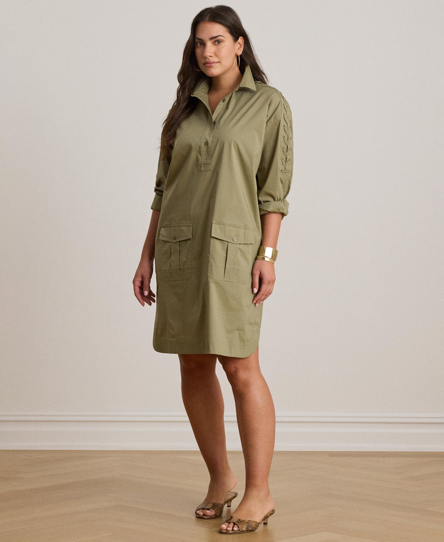 Women's Spread Collar Lace-Up Trim Shirt-Dress