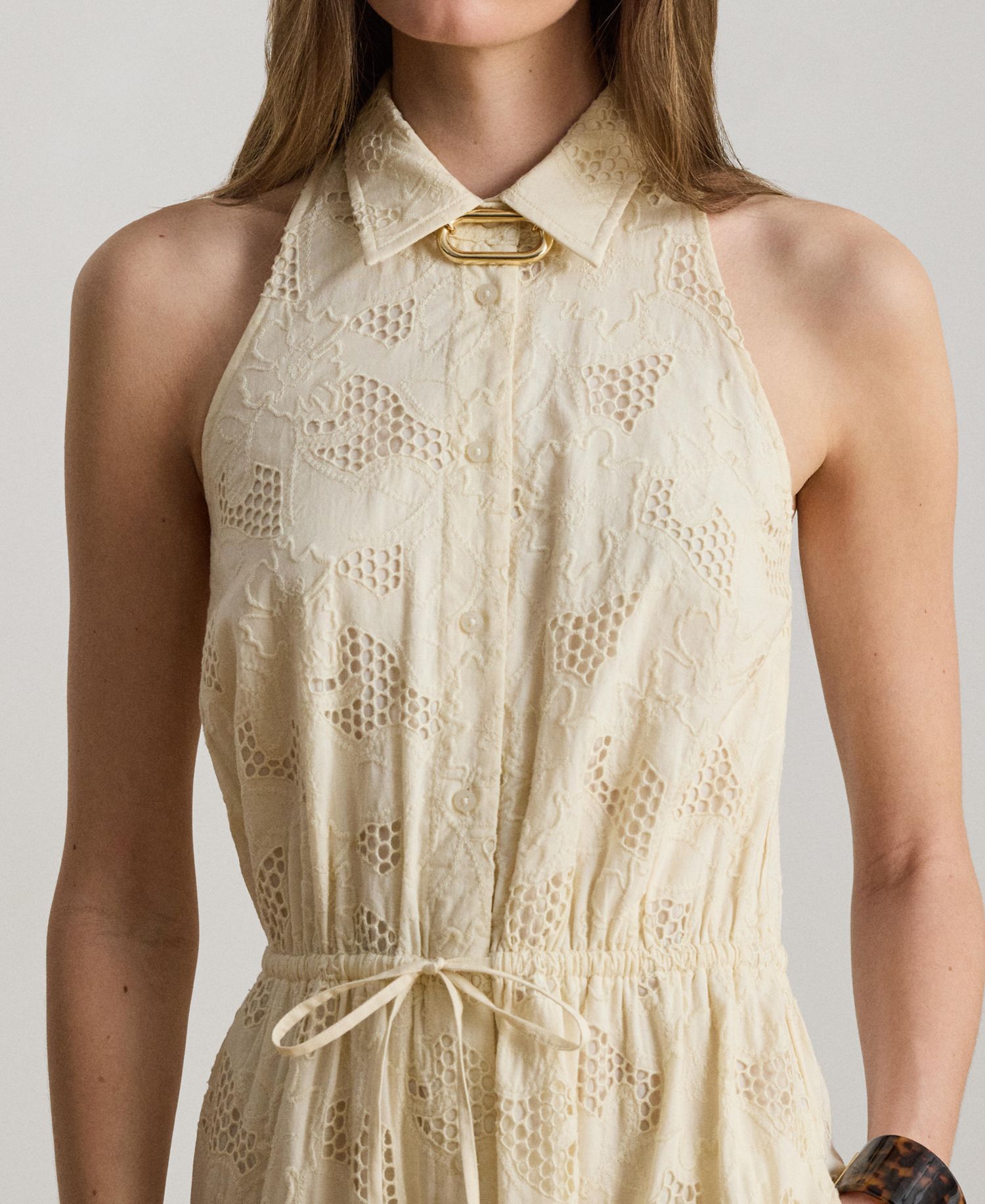 Women's Spread Collar Floral-Eyelet Voile Tiered Shirt-Dress