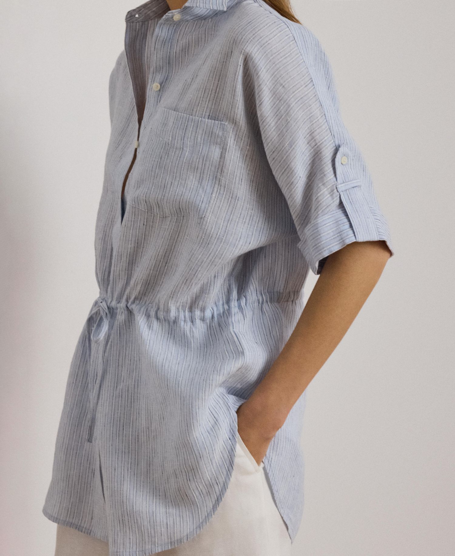 Women's Point Collar Striped Roll-Tab-Sleeve Tunic Shirt