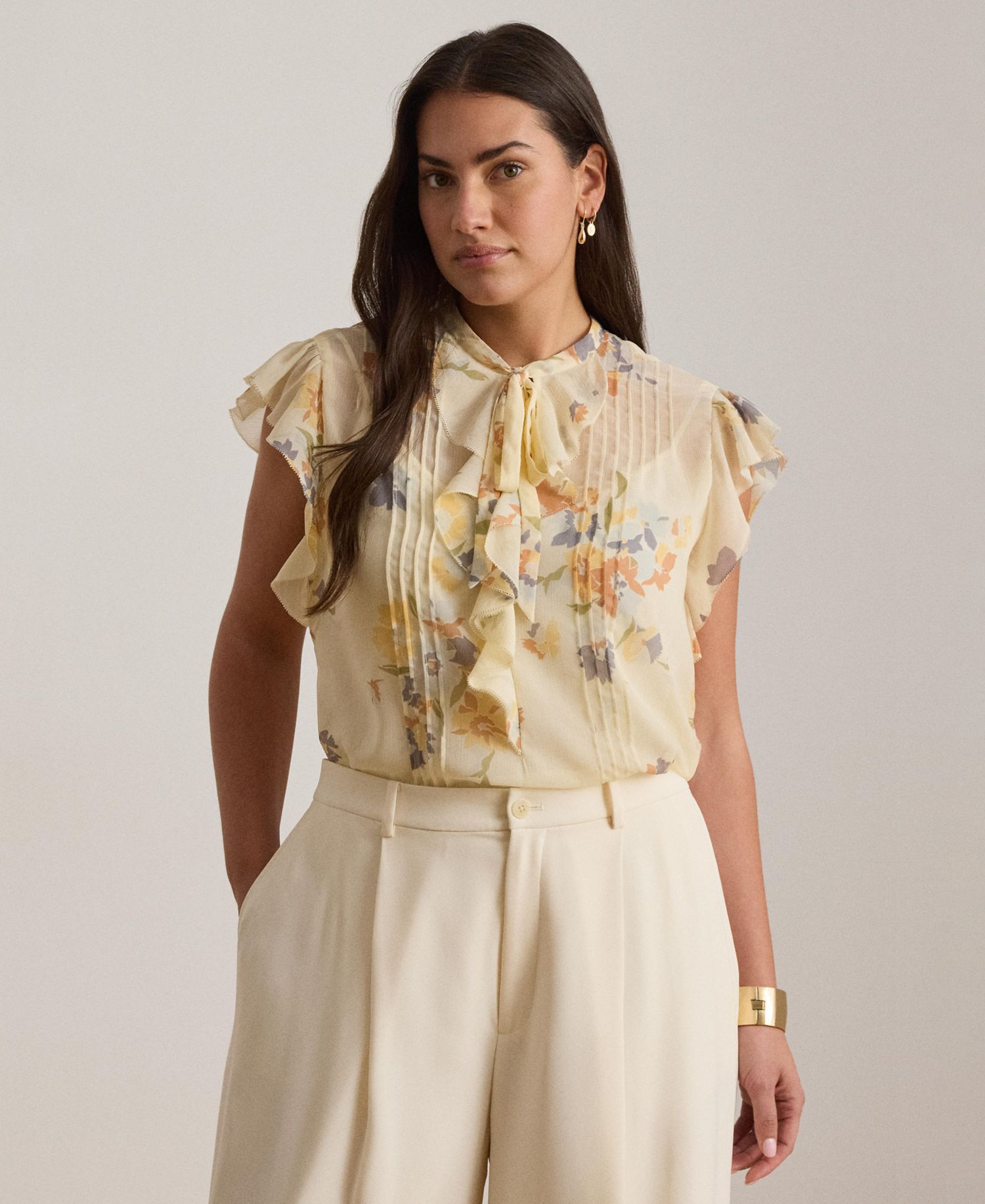 Women's Floral Pintucked Band Collar Tie-Neck Blouse
