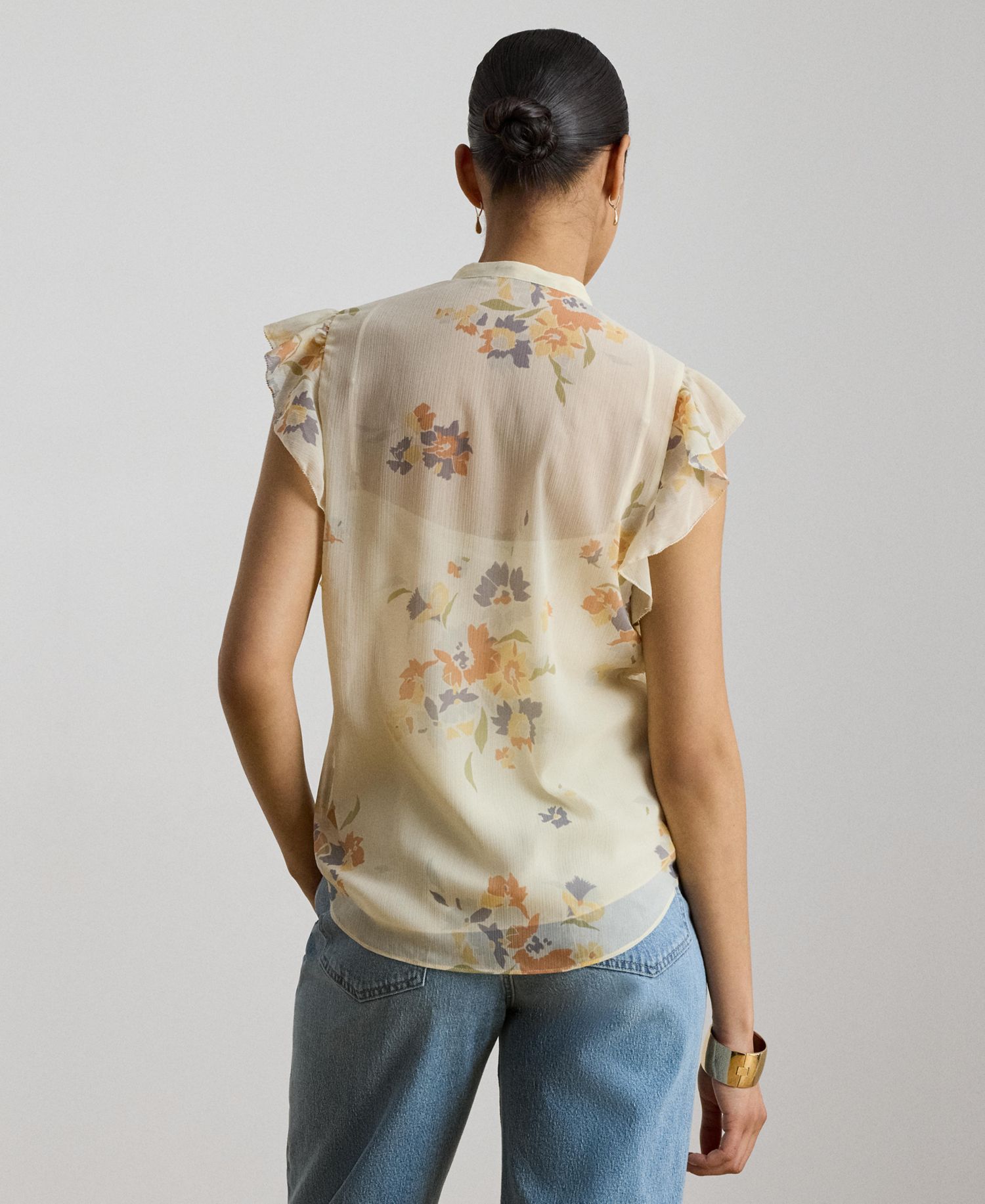 Women's Floral Pintucked Band Collar Tie-Neck Blouse