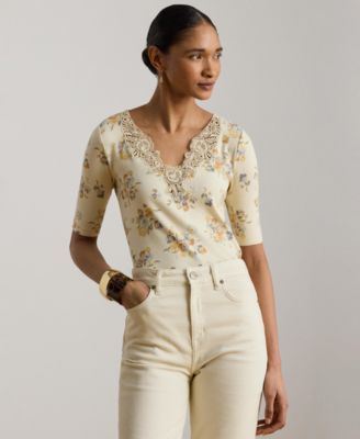 Women's V-Neck Floral Lace-Trim Rib-Knit Top