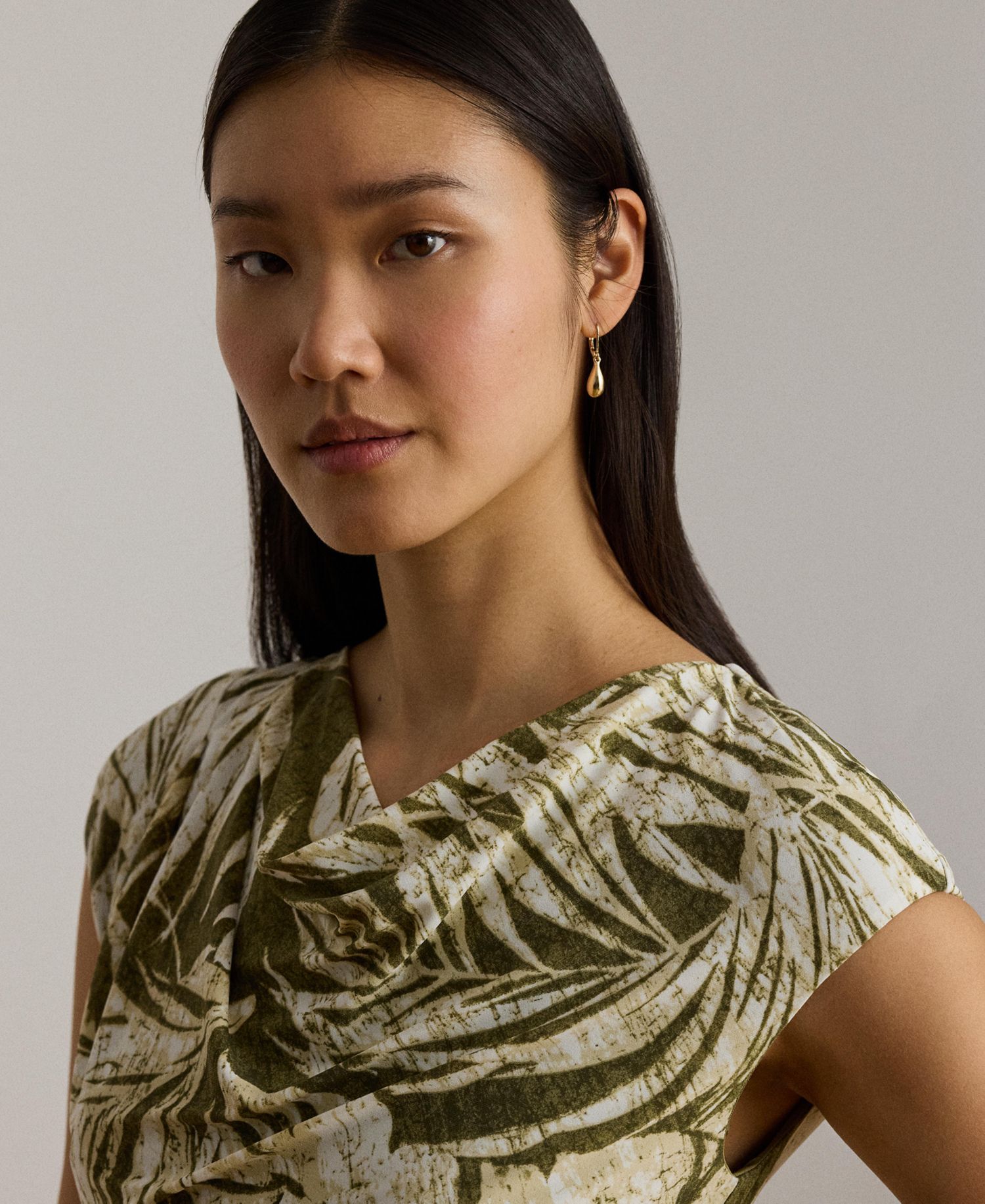 Women's Palm-Frond-Print Cowl Neck Midi Dress