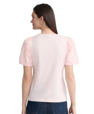 Women's Eyelet Puff-Sleeve Crewneck Top