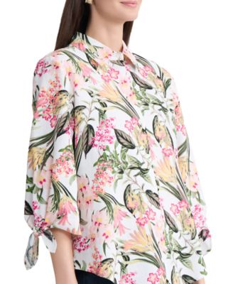 Women's Collared Printed Tie-Sleeve Shirt