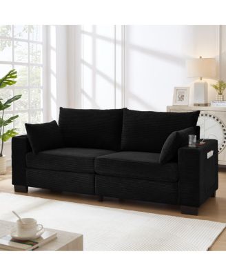  78 inch Corduroy Sofa with  USB, Cup Holders, Side Pocket