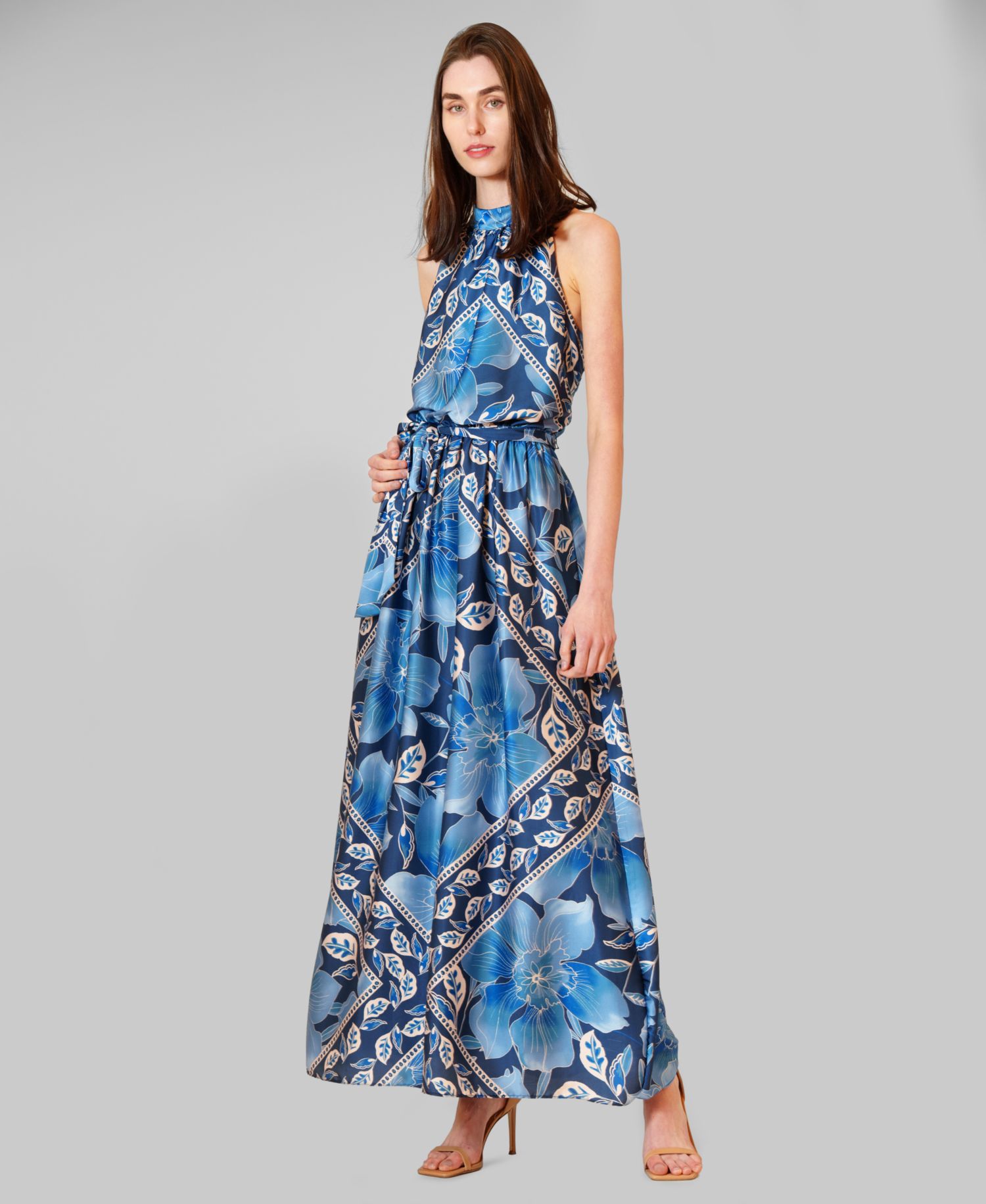 Women's Printed Satin Halter Neck Maxi Dress