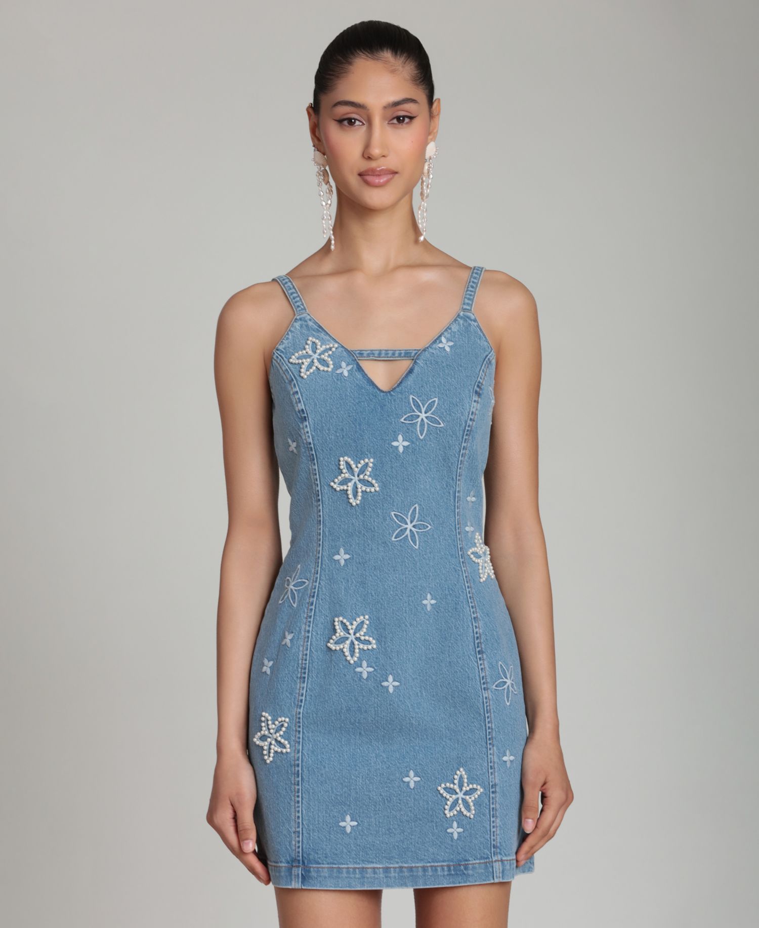 Women's Imitation Pearl Embroidered Detail Mini Dress