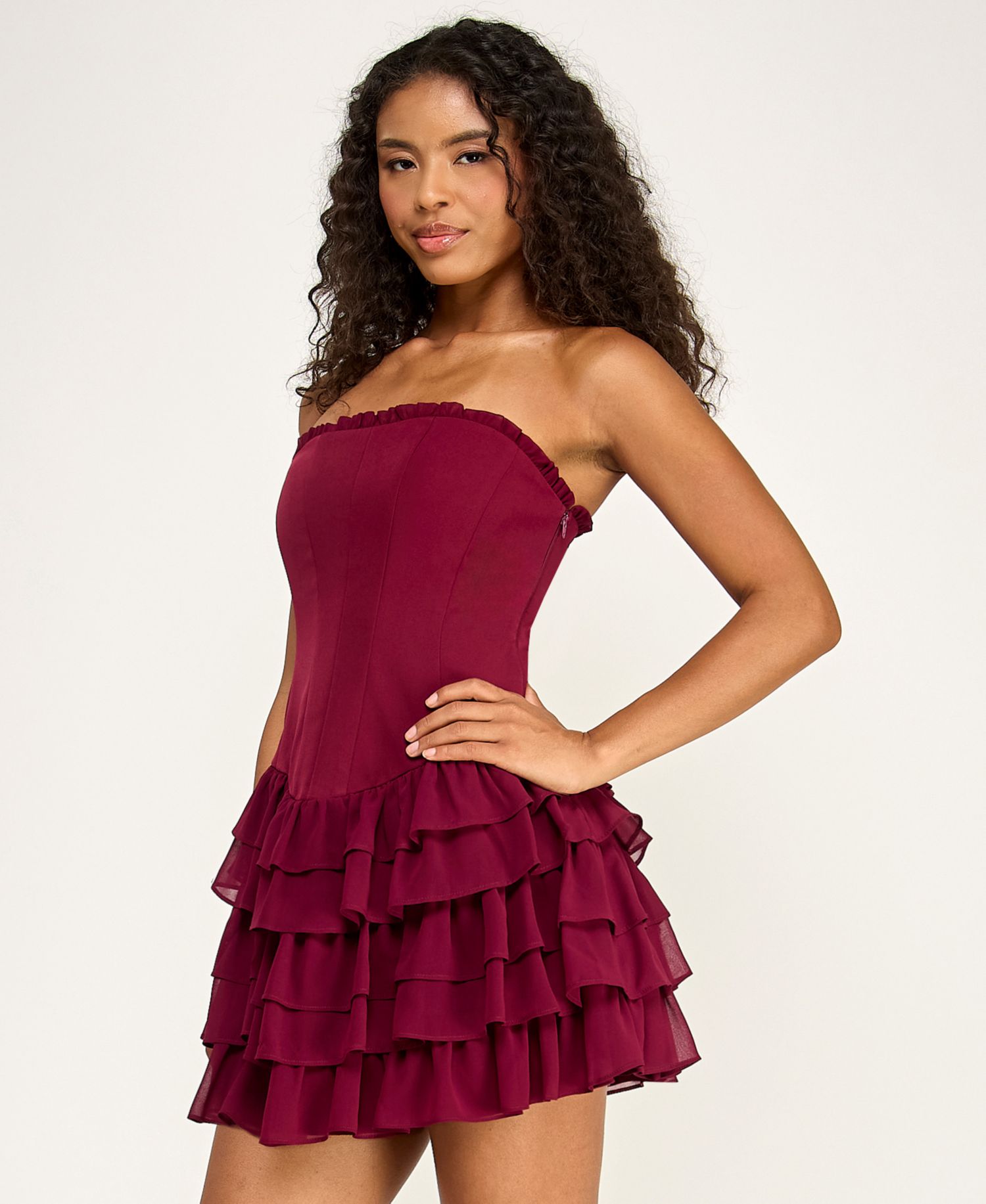 Juniors' Strapless Tiered Ruffle Mini Dress