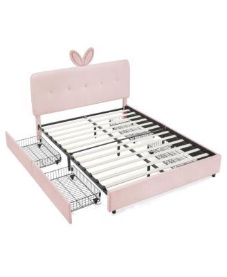 Kids Upholstered Bed w/ Rabbit Headboard, LED and Drawers