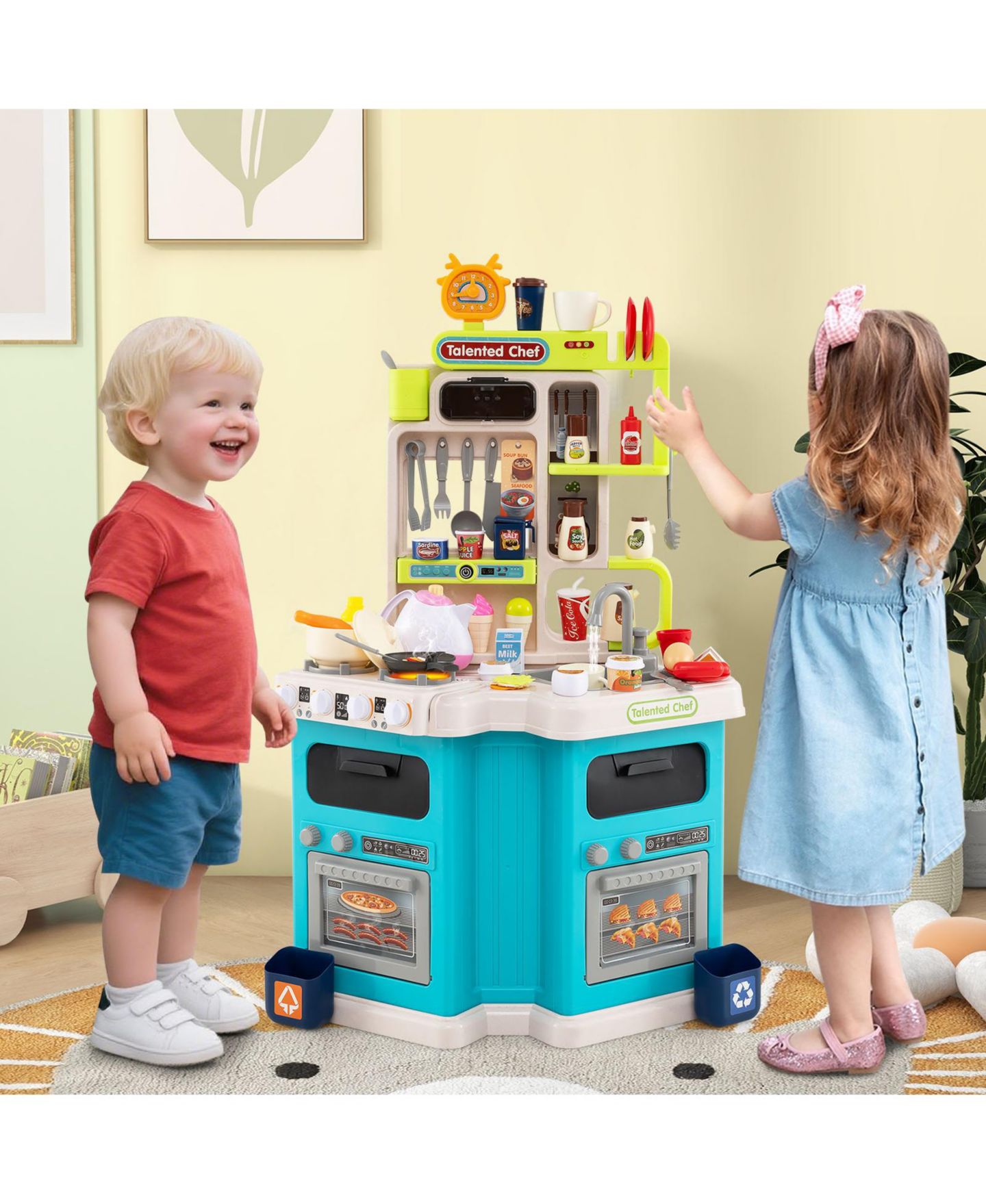 Детские игрушки Slickblue Realistic Lights and Sounds Corner Play Kitchen 114-Piece Set, Ages 3+, цвет: Синий — фото 2