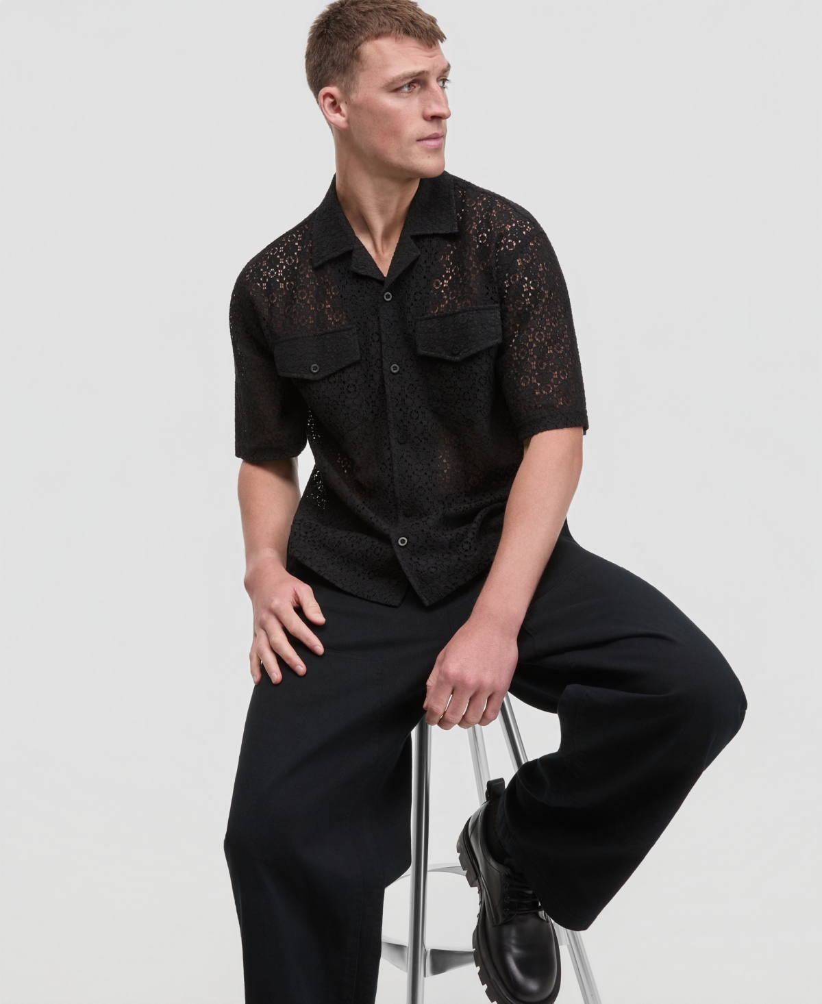Mode of One Men's Floral Lace Relaxed-Fit Camp Shirt, Macy's Exclusive