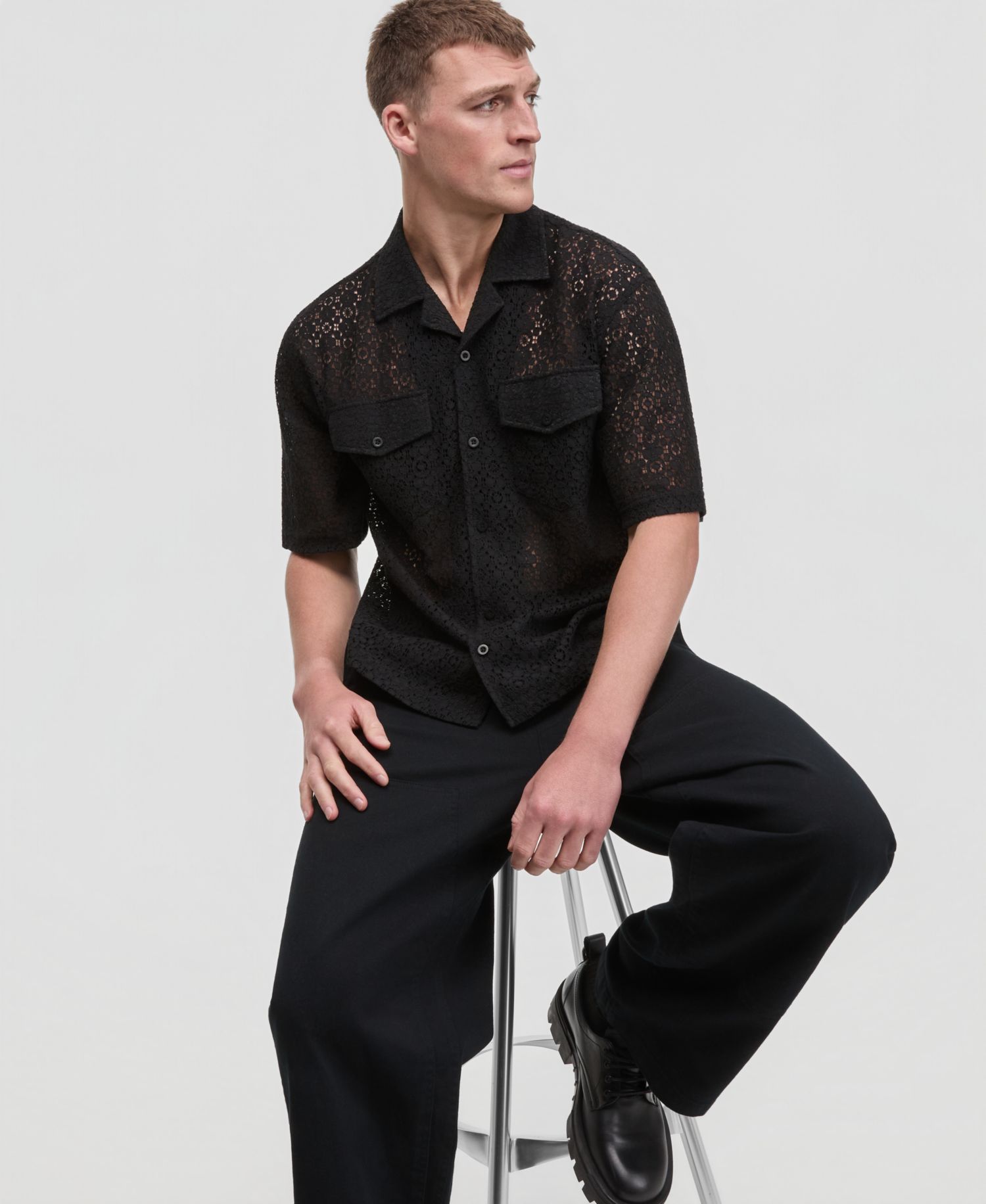 Men's Floral Lace Relaxed-Fit Camp Shirt