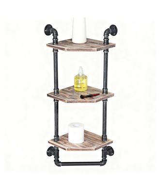 YIGI Industrial Pipe Shelf Rustic Corner Metal Wood Bathroom Wall Mounted Towel Bar