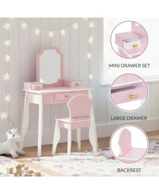 Best Choice Kids Wooden Pretend Play Vanity and Chair Set w/ Mirror - Little Girls Makeup Table with 3 Drawers
