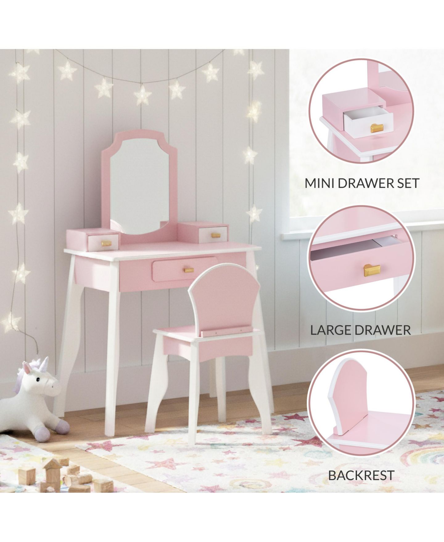 Детские игрушки Best Choice Products Wooden Vanity with Mirror and Drawers, 2-Piece Set, от 3 лет, цвет: Розовый — фото 5