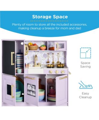 Pretend Play Kitchen Wooden Toy Set for Kids w/ Telephone, Utensils, Oven, Microwave