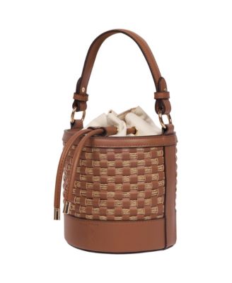 Raffia and Woven Drawstring Bucket Bag - Convertible Top Handle and Crossbody