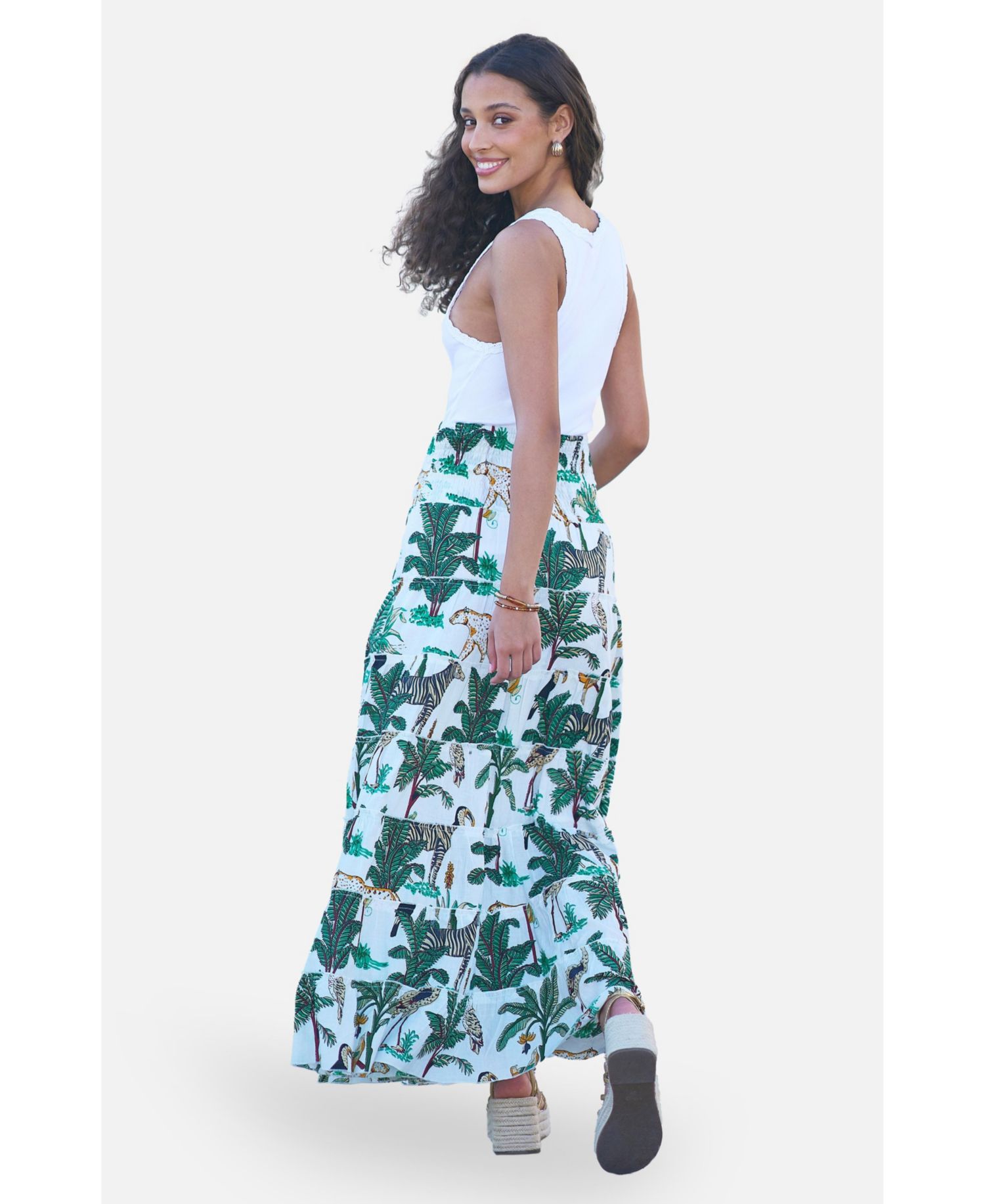 Women's Animal Print Cotton Tiered Maxi Skirt