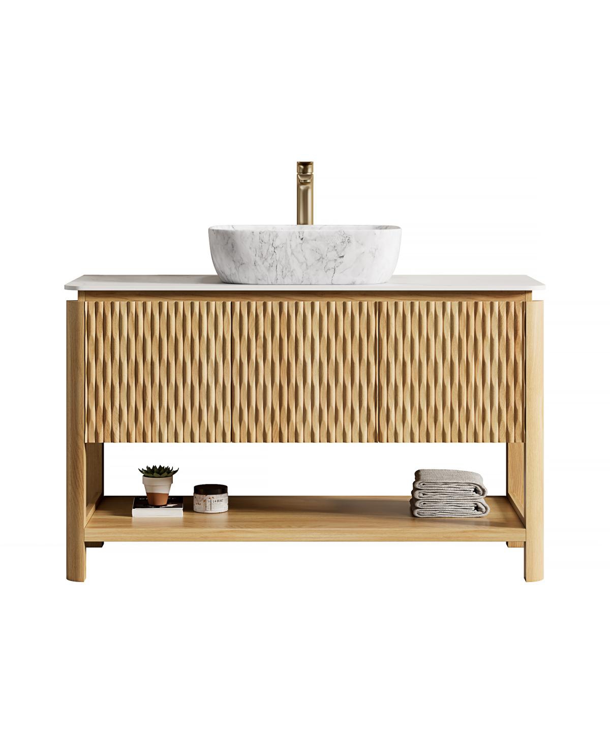 Sillysis Modern Bathroom Vanity with Fluted Solid Wood Doors, Carrara Sintered Stone Top