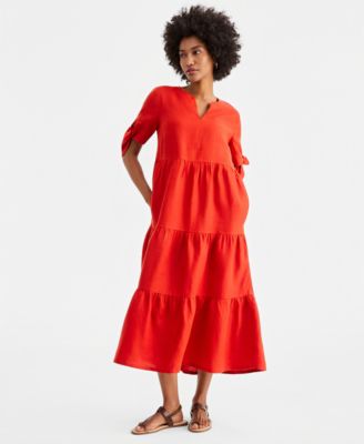 Women's 100% Linen Tie-Sleeve Tiered Midi Dress
