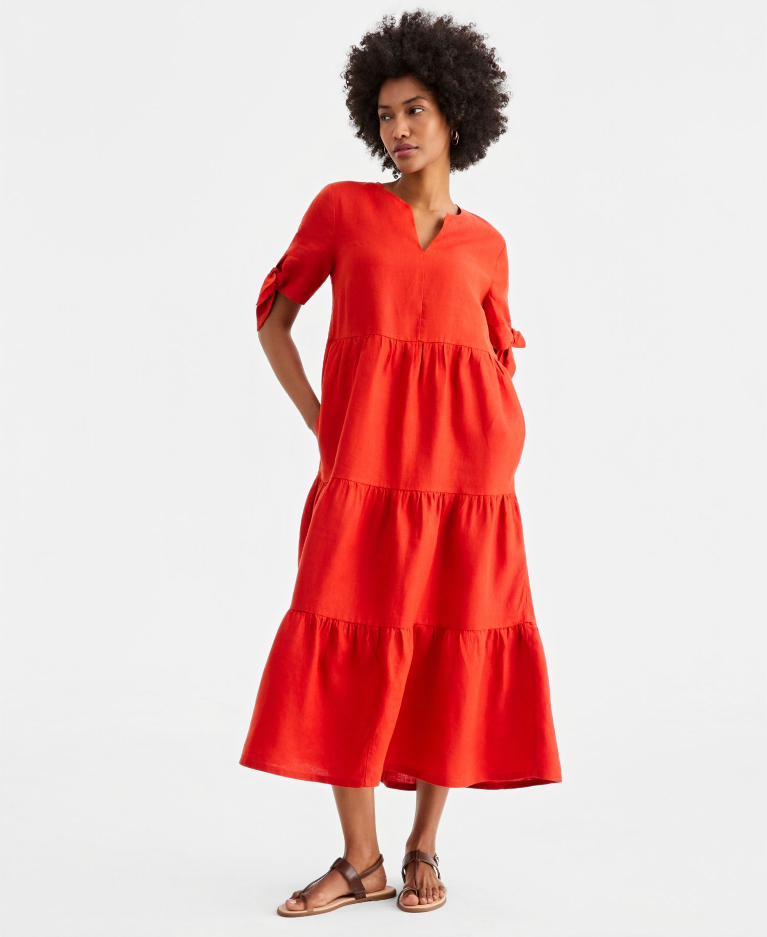Women's 100% Linen Tie-Sleeve Tiered Midi Dress