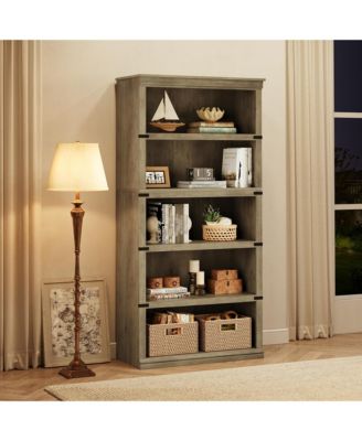 67" Tall Farmhouse 5-Tier Wooden Bookcase, Modern Storage Bookshelf