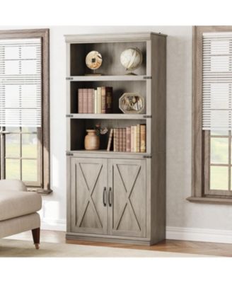 68.7" 5-Tier Farmhouse Wooden Bookcase with Cabinet Doors, Bookshelf for Home and Bedroom
