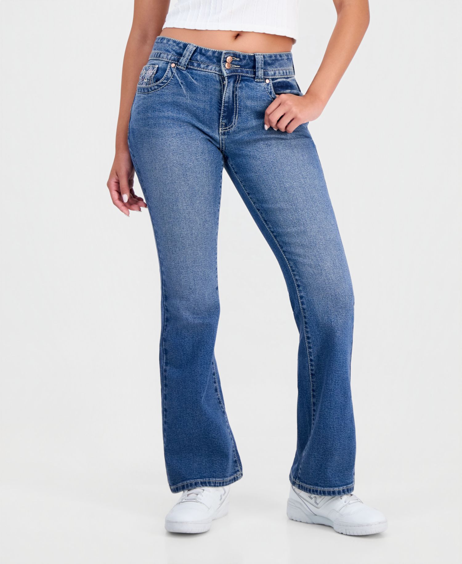 Juniors' Embroidered Flap-Pocket Flare-Leg Jeans