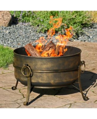 Outdoor Camping or Backyard Round Cauldron Fire Pit with Spark Screen, Log Poker, and Metal Wood Grate