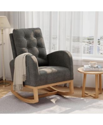 Nursery Rocking Chair,Linen Fabric Upholstery,Sturdy Wooden Legs and High Backrest,Comfortable Glider Rocking Chair for Living Room