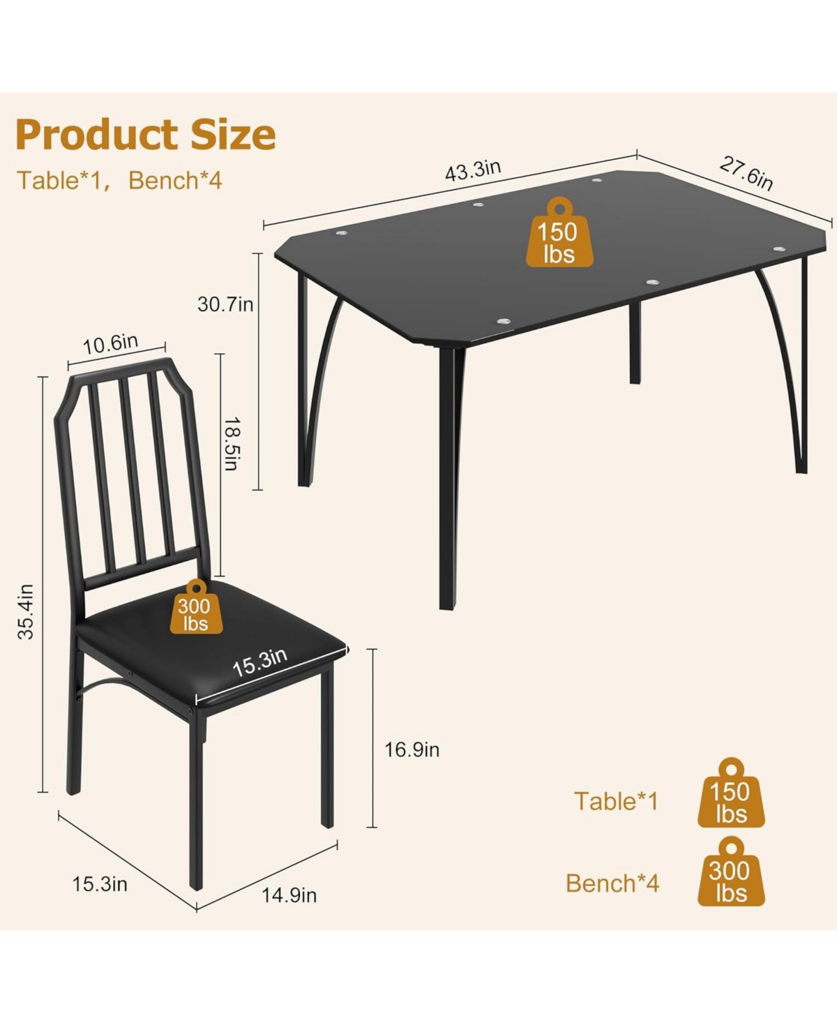 gaomon Dining Table Set for 4 with Glass Desktop, Kitchen Table and 4 Chairs with Chamfer Design, 5 Piece Dining Room Table Set with Cushion Seats