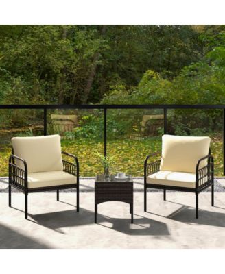 3 Pieces Patio Wicker Conversation Set with Cushions and Tempered Glass Coffee Table