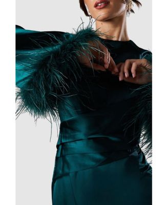 Women's Feather Trim Satin Maxi Dress