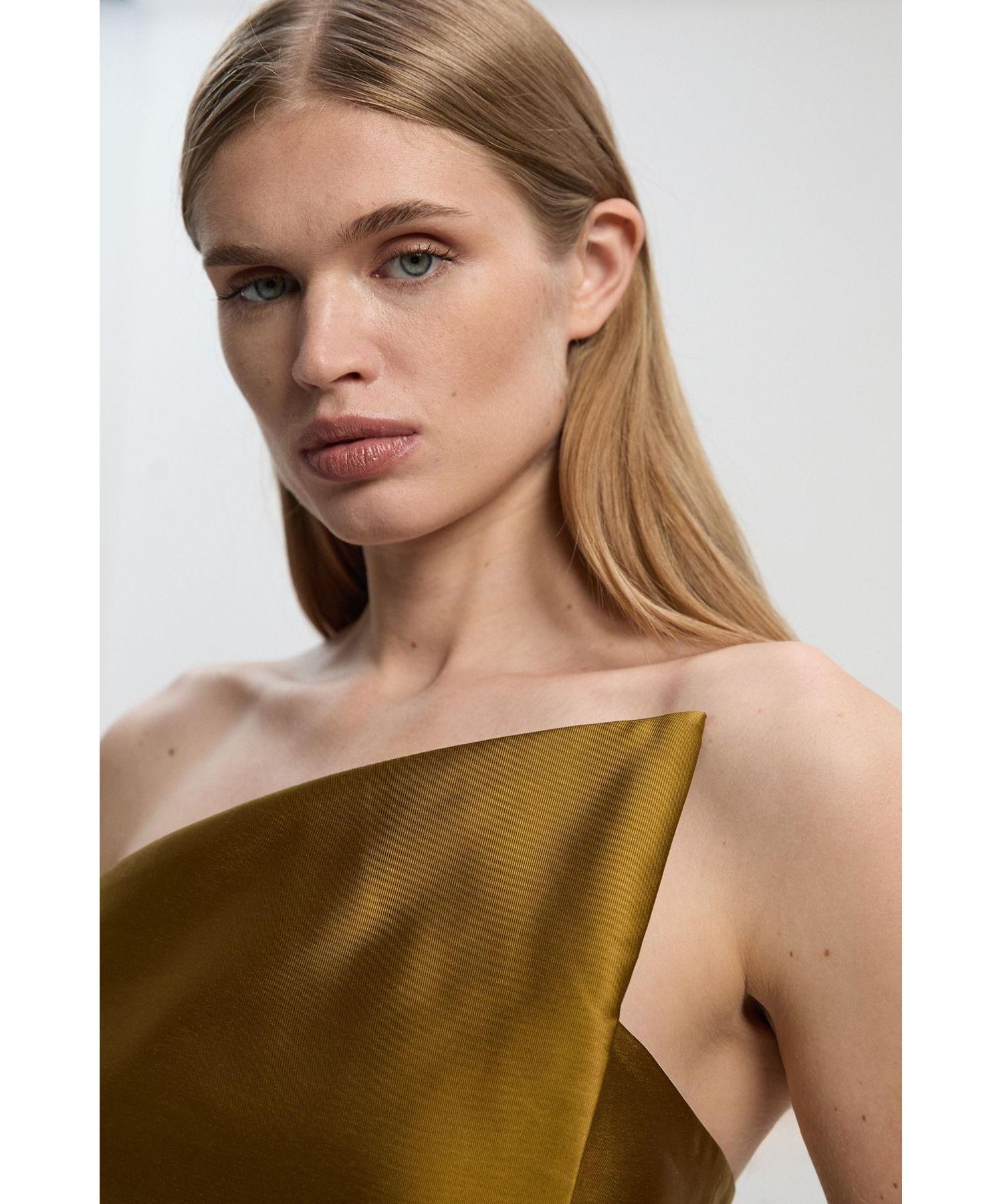 Women's Satin Twill Asymmetric Neck Midi Dress
