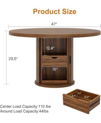 47 Inch Round Dining Table for 4-6, Kitchen Table with 2-Layer Storage Shelf and a Drawer, Farmhouse Circle Dinner Table
