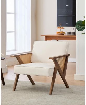 Mid-Century Modern Accent Chair,Linen Upholstered Vintage Rattan Vanity Chair Cute Reading Arm Chair Wood Frame for Lounge,Living Room,Bedroom.