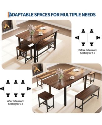 5-Piece Dining Table Set for 4-8 People, 63 in Large Extendable Kitchen Table Set with 2 Benches and 2 Square Stools, Easy Assembly, Espresso