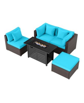 5-Piece Rattan Sectional with 60,000 BTU Firepit Coffee Table and Ottoman
