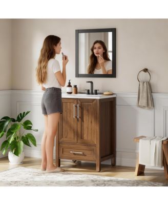 Bathroom Vanity with Ceramic Sink, Bathroom Storage Cabinet with Drawer and 2 Soft Closing Doors, Single Sink Bathroom Vanity with Integral Top